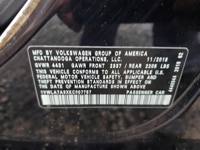 1VWLA7A3XKC007757 - 2019 VOLKSWAGEN PASSAT WOLFSBURG BLACK photo 12