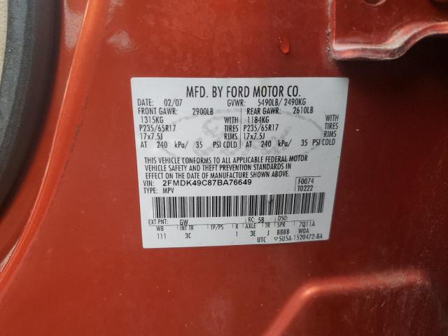 2FMDK49C87BA76649 - 2007 FORD EDGE SEL PLUS ORANGE photo 13