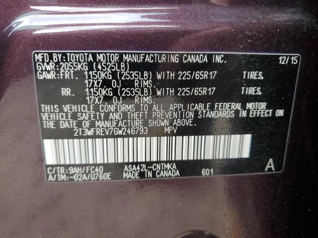 2T3WFREV7GW246793 - 2016 TOYOTA RAV4 XLE BURGUNDY photo 12