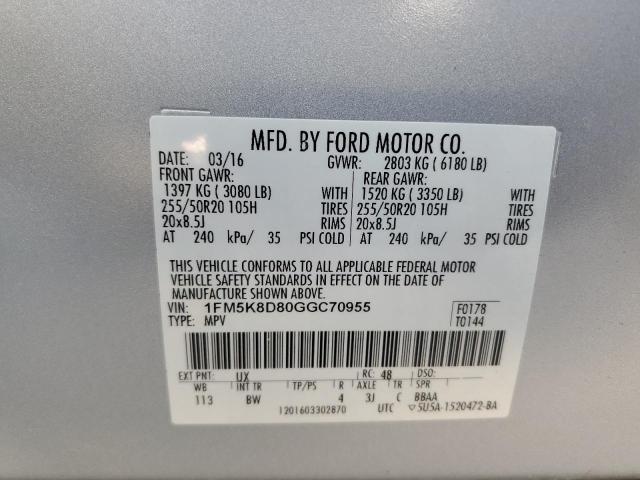 1FM5K8D80GGC70955 - 2016 FORD EXPLORER XLT Srebrny zdjęcie 13