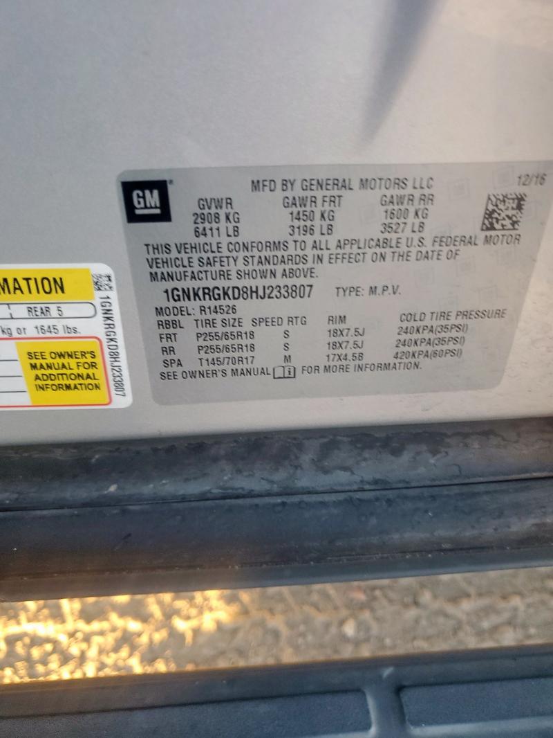 1GNKRGKD8HJ233807 - 2017 CHEVROLET TRAVERSE LT SILVER photo 13