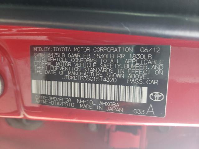 JTDKDTB35C1514320 - 2012 TOYOTA PRIUS C RED photo 12