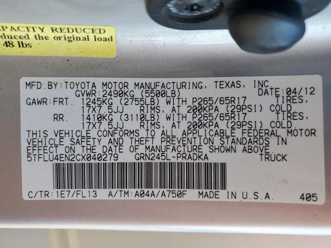 5TFLU4EN2CX040279 - 2012 TOYOTA TACOMA DOUBLE CAB Gümüş foto 12