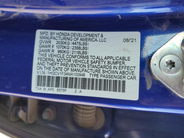 1HGCV1F34MA100948 - 2021 HONDA ACCORD SPORT 蓝色 照片 13