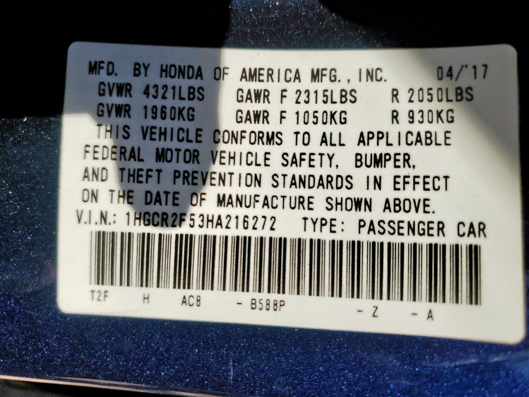 1HGCR2F53HA216272 - 2017 HONDA ACCORD SPORT Mavi fotoğraf 13