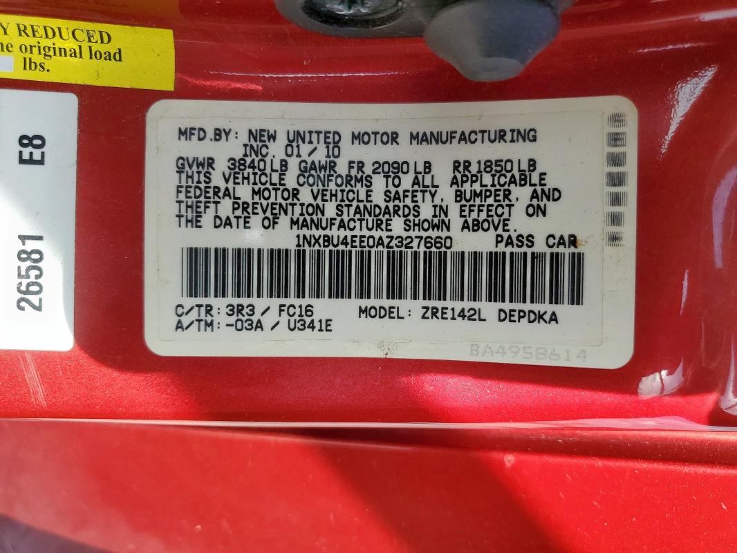 1NXBU4EE0AZ327660 - 2010 TOYOTA COROLLA BASE Czerwony zdjęcie 12