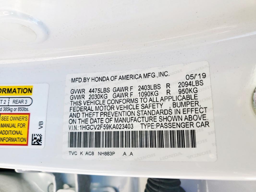 1HGCV2F59KA023403 - 2019 HONDA ACCORD EXL 白色 照片 13