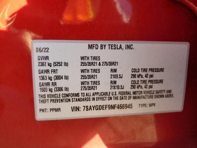 7SAYGDEF9NF466945 - 2022 TESLA MODEL Y 红色 照片 13