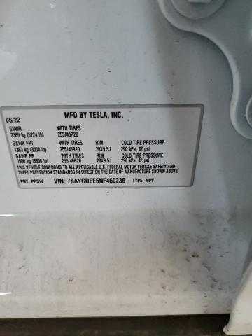 7SAYGDEE6NF460236 - 2022 TESLA MODEL Y Білий фото 12