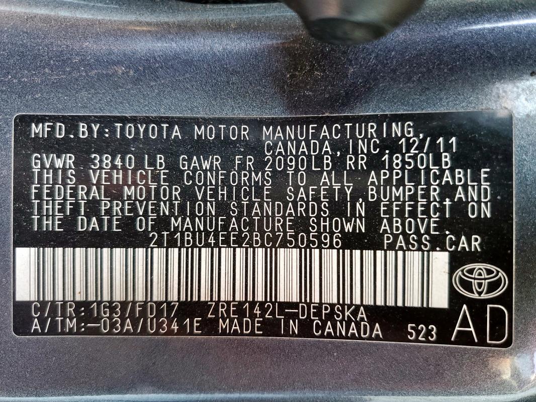 2T1BU4EE2BC750596 - 2011 TOYOTA COROLLA BASE Grau Foto 13