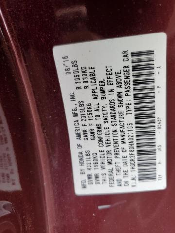 1HGCR2F80HA027105 - 2017 HONDA ACCORD EXL ბურგუნდია ფოტო 12