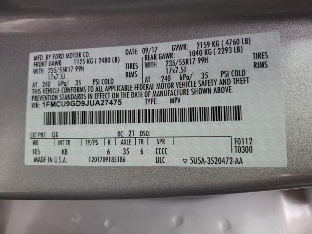 1FMCU9GD9JUA27475 - 2018 FORD ESCAPE SE ვერცხლისფერი ფოტო 13