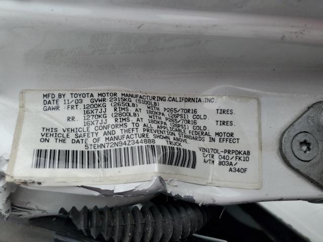 5TEHN72N94Z344888 - 2004 TOYOTA TACOMA DOUBLE CAB 白色 照片 12