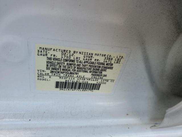 3N1CN7AP7CL884791 - 2012 NISSAN VERSA S WHITE photo 12