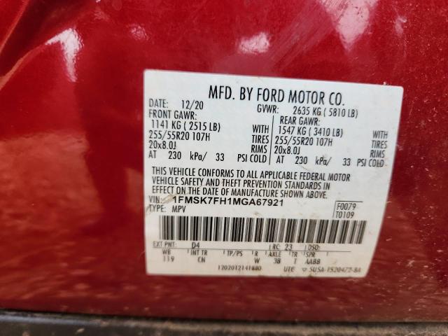 1FMSK7FH1MGA67921 - 2021 FORD EXPLORER LIMITED 红色 照片 13