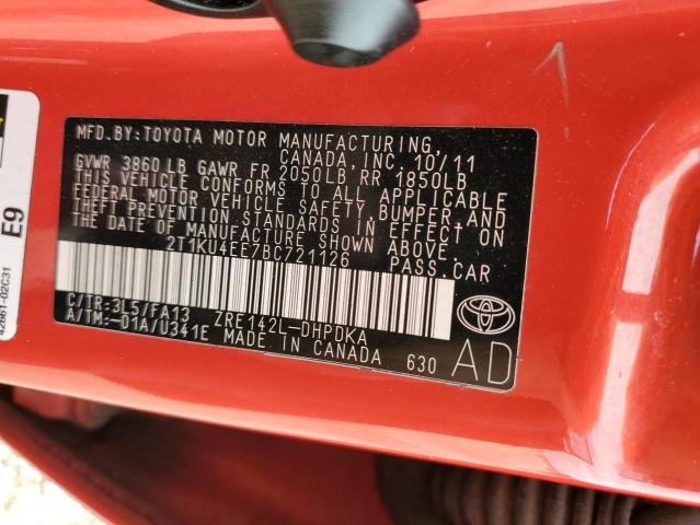 2T1KU4EE7BC721126 - 2011 TOYOTA COROLLA MA RED photo 12