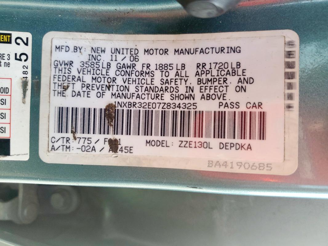 1NXBR32E07Z834325 - 2007 TOYOTA COROLLA CE 青色 照片 12