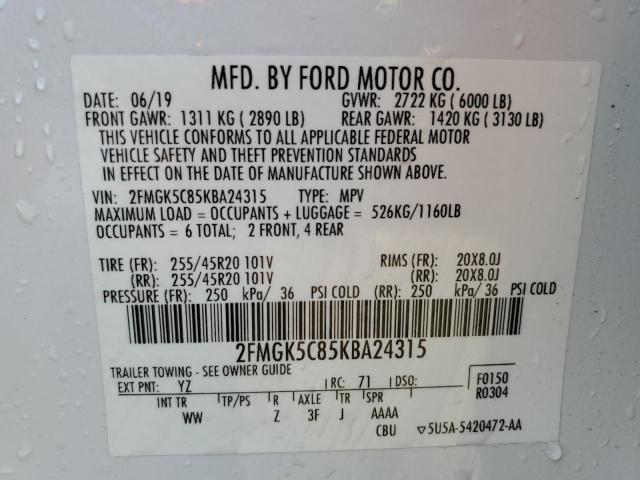 2FMGK5C85KBA24315 - 2019 FORD FLEX SEL WHITE photo 14