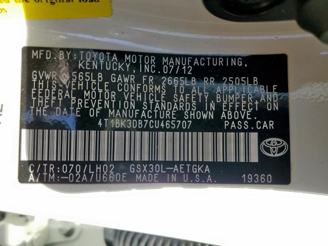 4T1BK3DB7CU465707 - 2012 TOYOTA AVALON BASE 白色 照片 13