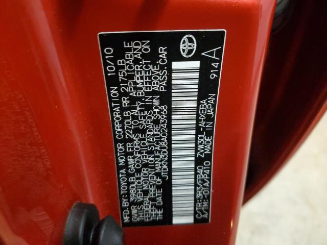 JTDKN3DU8A0243968 - 2010 TOYOTA PRIUS RED photo 12