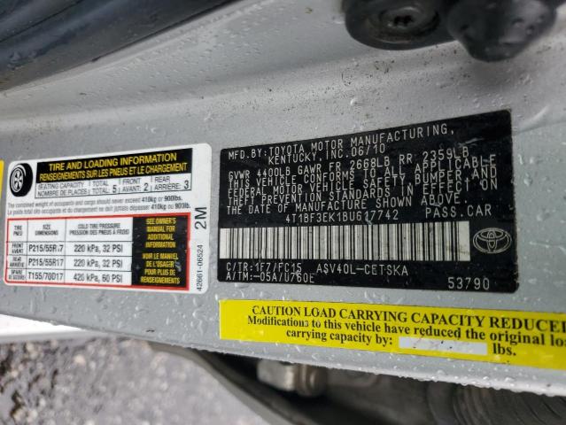 4T1BF3EK1BU617742 - 2011 TOYOTA CAMRY BASE SILVER photo 12