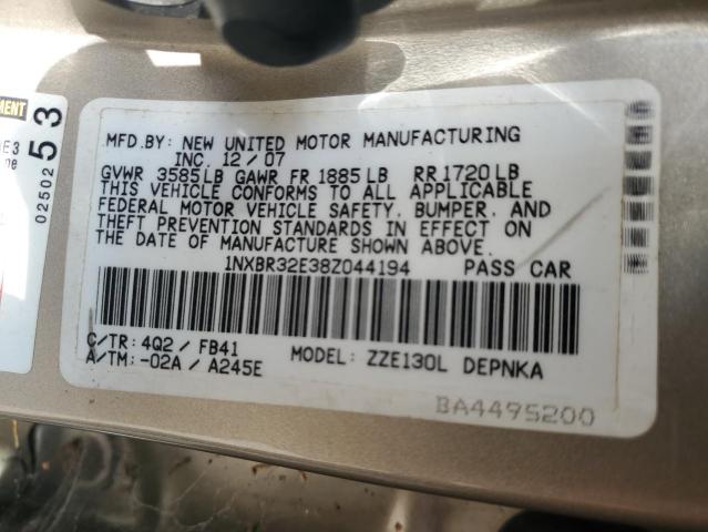 1NXBR32E38Z044194 - 2008 TOYOTA COROLLA CE BEIGE photo 12