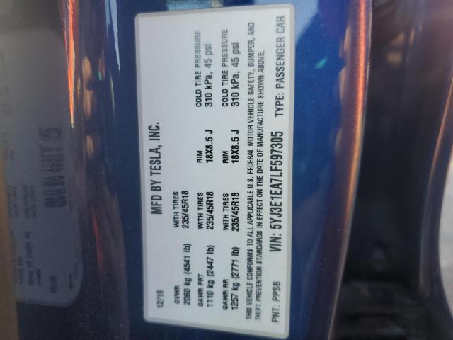 5YJ3E1EA7LF597305 - 2020 TESLA MODEL 3 BLUE photo 12
