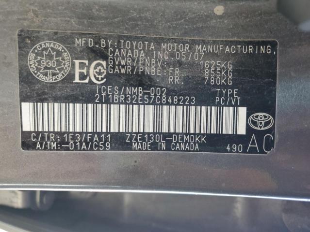 2T1BR32E57C848223 - 2007 TOYOTA COROLLA CE GRAY photo 12