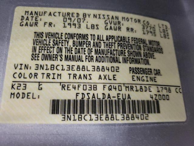 3N1BC13E88L388402 - 2008 NISSAN VERSA S SILVER photo 12