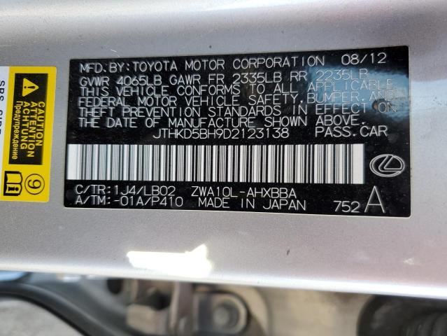 JTHKD5BH9D2123138 - 2013 LEXUS CT 200 SILVER photo 13