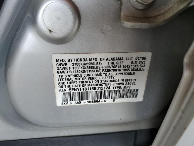 5FNYF18116B012124 - 2006 HONDA PILOT LX SILVER photo 13