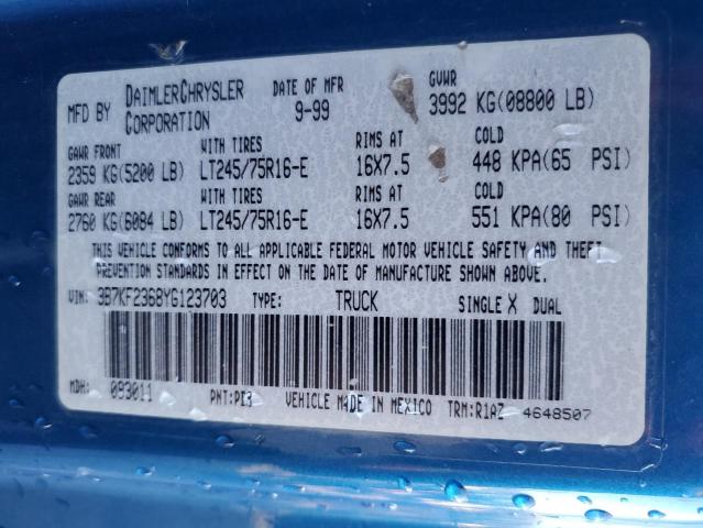 3B7KF2368YG123703 - 2000 DODGE RAM 2500 BLUE photo 12