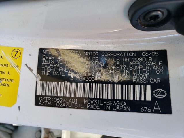 JTHBA30G955130677 - 2005 LEXUS ES 330 თეთრი ფოტო 12