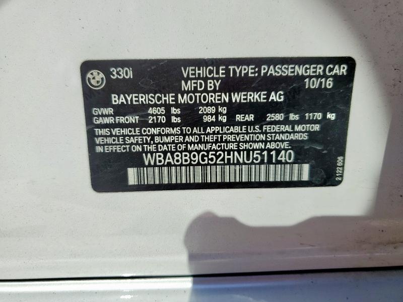 WBA8B9G52HNU51140 - 2017 BMW 330 I WHITE photo 12