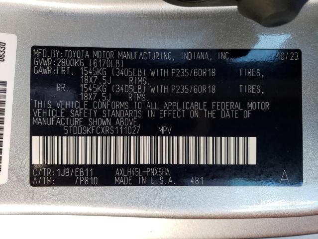 5TDDSKFCXRS111027 - 2024 TOYOTA SIENNA XSE SILVER photo 14