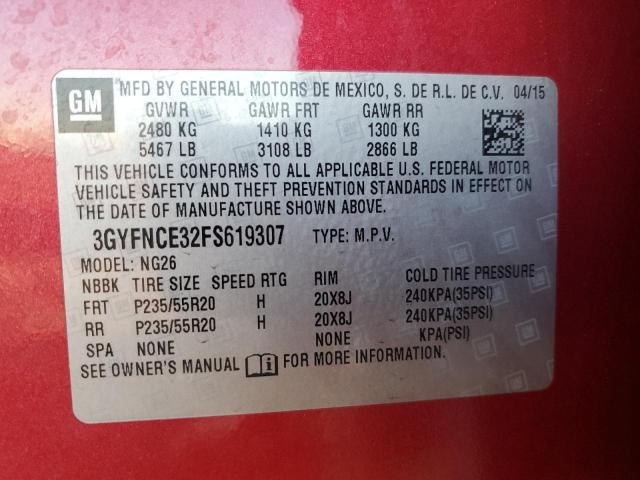 3GYFNCE32FS619307 - 2015 CADILLAC SRX PERFORMANCE COLLECTION Қызыл фото 12