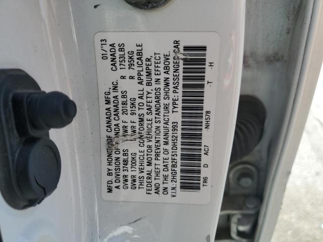2HGFB2F51DH521993 - 2013 HONDA CIVIC LX WHITE photo 12