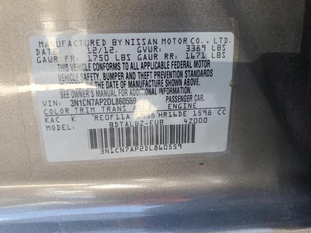 3N1CN7AP2DL860559 - 2013 NISSAN VERSA S GRAY photo 12