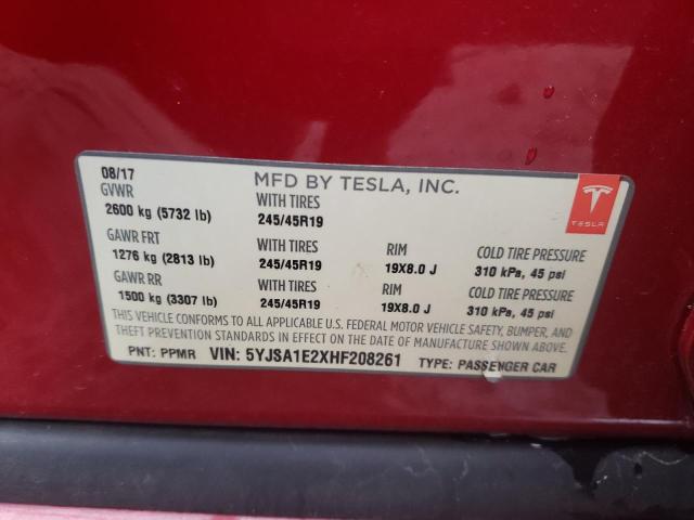 5YJSA1E2XHF208261 - 2017 TESLA MODEL S RED photo 13