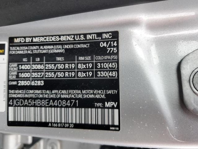 4JGDA5HB8EA408471 - 2014 MERCEDES-BENZ ML 350 4MATIC SILVER photo 12