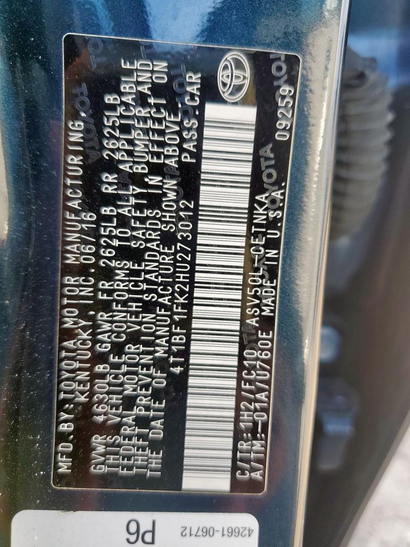 4T1BF1FK2HU273012 - 2017 TOYOTA CAMRY LE 黑色 照片 12