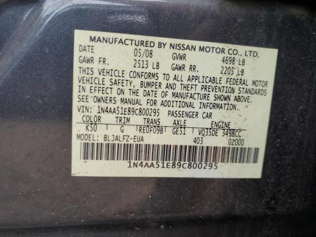 1N4AA51E89C800295 - 2009 NISSAN MAXIMA S CHARCOAL photo 12