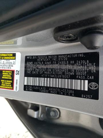 4T1F11AK2LU919357 - 2020 TOYOTA CAMRY XLE ვერცხლისფერი ფოტო 13