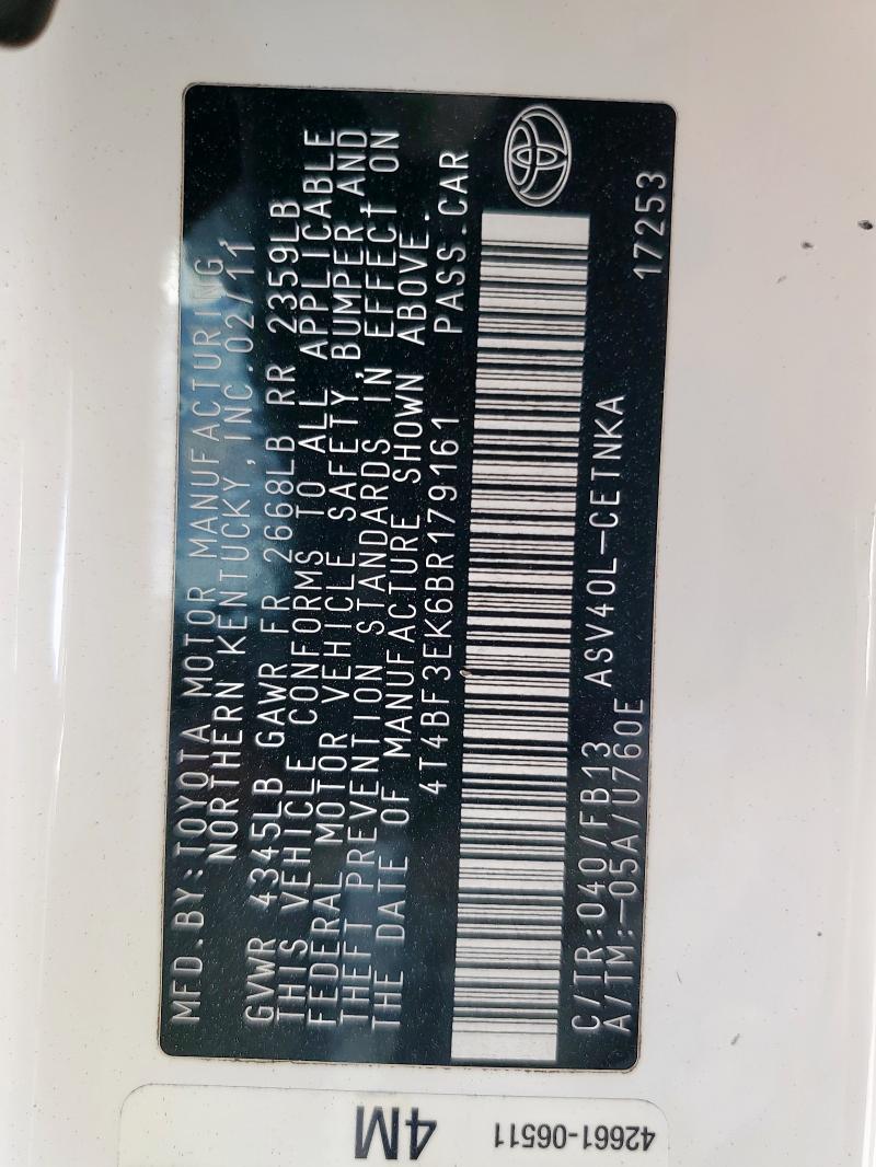 4T4BF3EK6BR179161 - 2011 TOYOTA CAMRY BASE WHITE photo 14