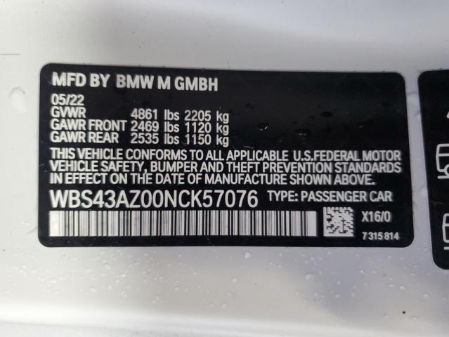 WBS43AZ00NCK57076 - 2022 BMW M4 COMPETITION WHITE photo 12