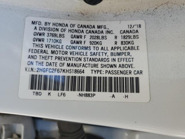 2HGFC2F67KH518664 - 2019 HONDA CIVIC LX WHITE photo 12