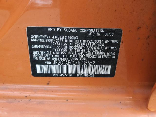 JF2GTAEC0KH235552 - 2019 SUBARU CROSSTREK PREMIUM Қызғылт сары фото 13