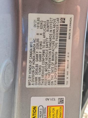 2HGFE2F27NH508759 - 2022 HONDA CIVIC LX SILVER photo 12