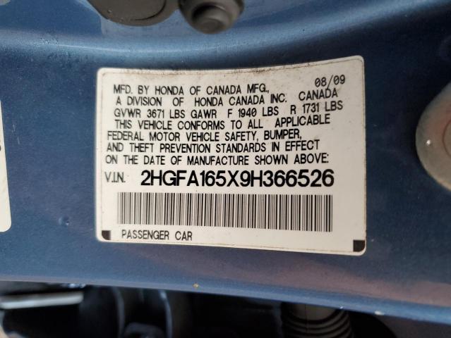 2HGFA165X9H366526 - 2009 HONDA CIVIC LX BLUE photo 12