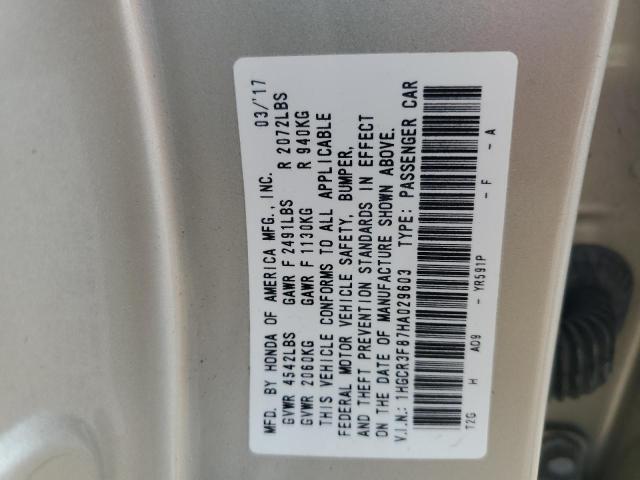 1HGCR3F87HA029603 - 2017 HONDA ACCORD EXL 金色 照片 12